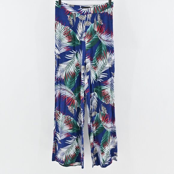 THE SANG Pants Womens Size M Blue Tropical Print High Rise‎ Wide Leg Beach Boho - Picture 1 of 13